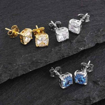 China CLASSIC Men's Hypoallergenic 14k S925 Sterling Silver 5A CZ Gold Plated Jewelry Rectangle Stud Earrings for sale