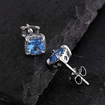 China Blue Princess Cut Square CZ Diamond Stud Earrings Custom Boys Zircon Men's Earrings CLASSIC for Amazon/ebay/wish for sale