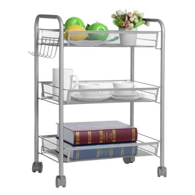 China Convenientba 3 Tier Mesh Wire Storage Utility Cart Steel Wire Basket Shelving Cart Rolling Cart for sale