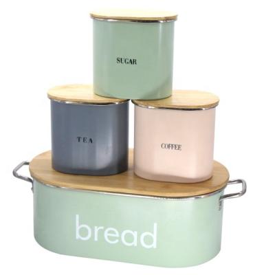 China Sustainable Metal Bread Bin and 3 Coffee, Sugar, Tea Canister Set with Bamboo Lid for Food Storage for sale