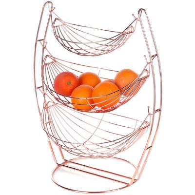 China 3 Tier Rose Gold Fruit Basket Metal Fruit Storage Rack Sustainable Hammock Style Stand for sale