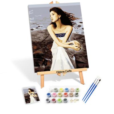 China New classic/postmodern modern portrait diy oil painting by 3d numbers beautiful girl in white dress sit on pretty seaside picture for sale