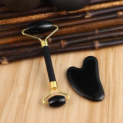 China High Quality Facial Obsidian Jade Roller Wuth Guasha Set Fashional Souvenir Gifts Massager Black for sale