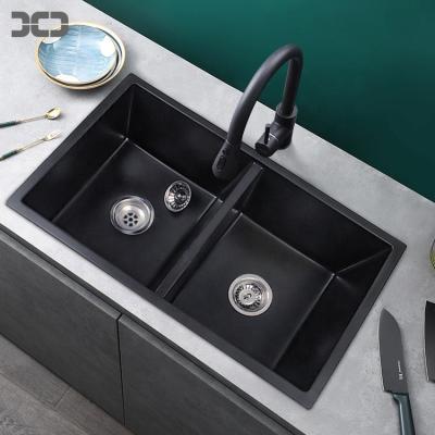 China With Faucet XHHL Quartz Classic Black Double Bowl Undermount Sink for sale