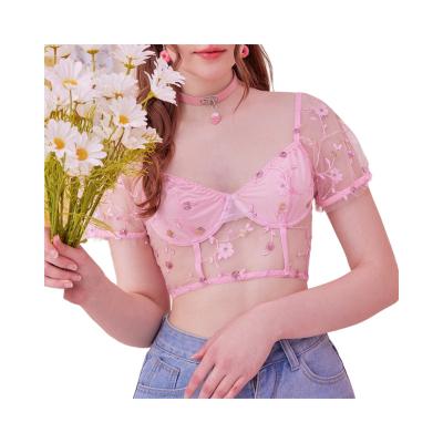 China QUICK DRY fashionable sexy flower embroidery lace girls perspective cute upper cut umbilical women's tight corset for sale