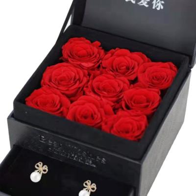 China Real Natural Preserved Rose Flower Jewel Case Gift with 9 Rose Heads for Lady for sale