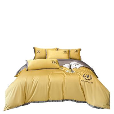 China Wedding Folded Yellow Bedding Sets Luxury 100% Cotton Linen Bedding Sets Solid Embroidery for sale