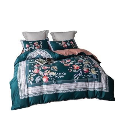 China Anti Static Egyptian Cotton Covers Duvet Cover Bedding Set 4 Piece Flat Sheet Set Green Floral Printed for sale