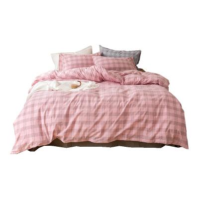 China Folded Sheets For Bed Sale Queen Size Bed Sheet Set Cotton Bed Quilt Cover Whole Set Washed Cotton Pink Grid for sale