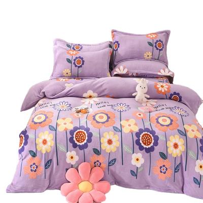 China Purple Floral Folded Coral Velvet Four Piece Bedding Luxury Milk Velvet Bedding Set Set Twin Queen Single King for sale