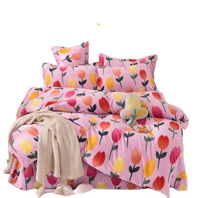 China Folded Pink Lotus Flower Printed Bed Sheet Set Flannel Coral Bedding Set Girls Home Duvet Cover for sale