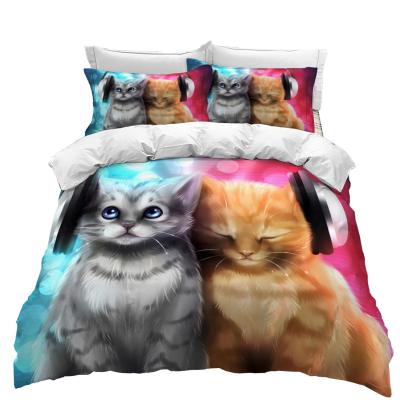 China Folded Custom 3d Bedding Set Duvet Cover Set Microfiber White Black Beautiful Cat for sale