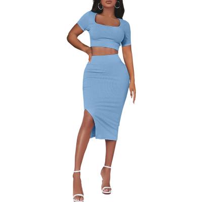 China Breathable Ribbed Knit Short Sleeve Crop Top Side Slit Skirts Long 2 Piece Skirt Set Women Suit Outfits Summer A130 for sale