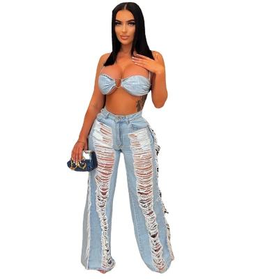 China Fsclothing New Women Denim Set Tassel Denim Set Breathable Casual Strapless Breast Fsclothing Fringe Hanging Suits C41 for sale