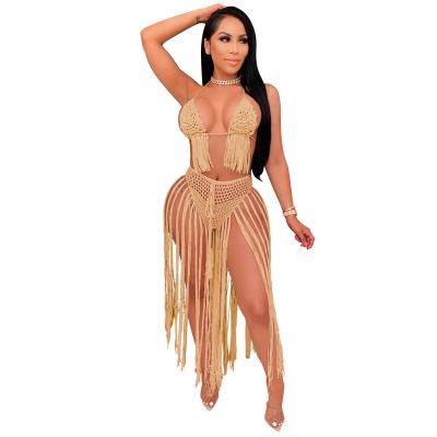 China Breathable Casual Women Knitted Halter Set Backless Crop Top Long Tassels Briefs Crocheted 2 Piece Set Hollow Crochet Beach Wear C25 for sale