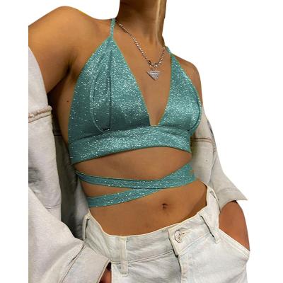 China 2023 Sexy Green Cross Backless Breathable Crop Top Sparkle Party Festival Bra Camis Club V Neck Tank Tops For Women A15 for sale