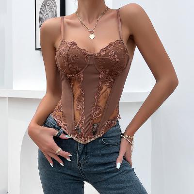 China Exquisite Lace Mesh Aesthetic Tops For Women sexy y2k a34 Rose Sleeveless Top French Retro Embroidery Breathable for sale