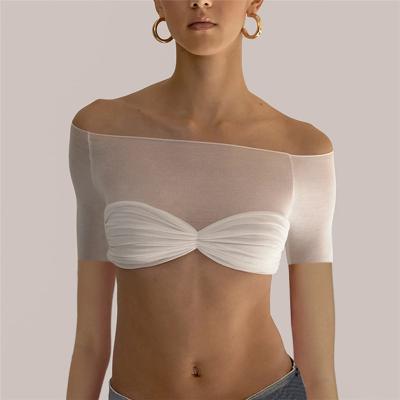 China Wholesale QUICK DRY Slim Crop Top Solid Color White Women T Shirt Top See Through Ruched Off Shoulder Tube White Shirts Tops y2k a92 for sale