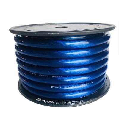 China Car 25ft Transparent Blue PVC1/0 Gauge Power Ground Cable CCA OFC COPPER AMP Amplifier Wire Roll for sale