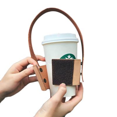 China Straw Slot Custom Genuine Leather Beverage Milk Tea Drink Cup Bag Carrier Holder With Handle Strap for sale