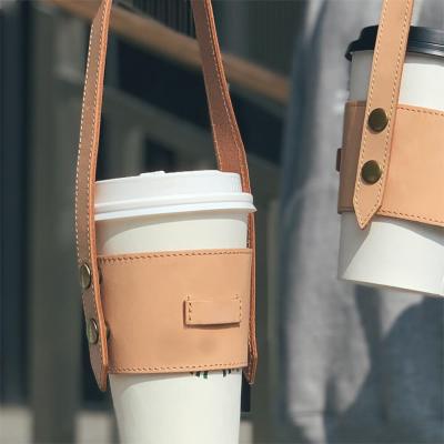 China Adjustable Height Take Out Cup Carrier Beverage Coffee Tea Milk Portable Leather Holder For Beverage for sale