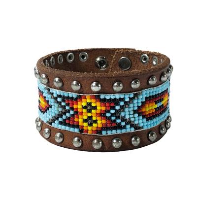 China Western Rivets Studded Rivets Beaded Real PU Leather Bracelet Bangle Cuff for Women and Men for sale