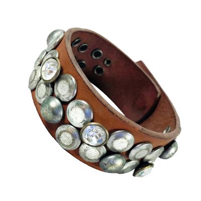 China Rehinestone Studded Rhinestone Diamond Studs Rivets Studded Adjustable Snaps Brown Leather Bracelet Bangle Bracelet for sale