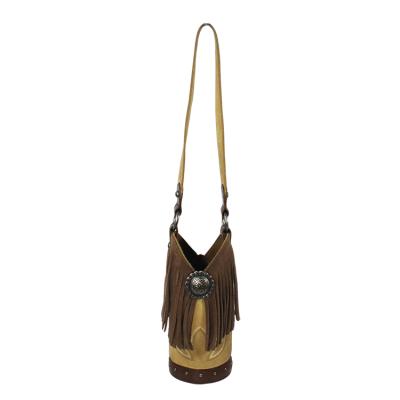 China Fringe and Embroidery Design Wedding Gift Leather Liquor Bottle Wine Bag Carrier Holder with Tassel Strap for sale