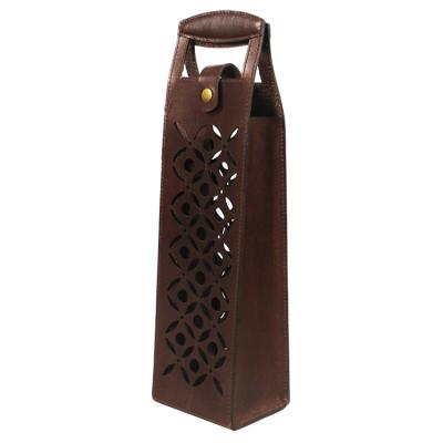 China Laser Hollow Out Wedding Gift Liquor Bottle Wine Bag Carrier Hollow Leather Holder for sale