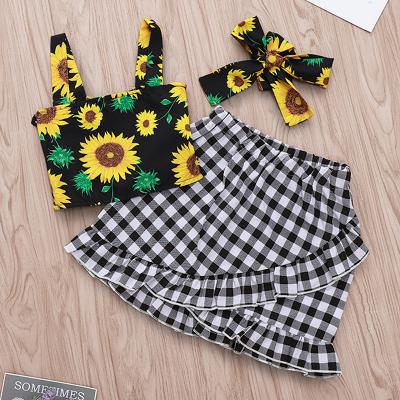 China Anti-Static Kids Clothing Sets Summer Baby Clothing Sunflower Tops And Plaid Skirts And 3PCS Headband For 1-5T for sale