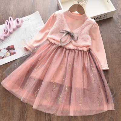 China P110074 New Fashionable Autumn Winter Babies Plush Vest Sustainable Mesh Stitched Dress Kids Skirts for sale