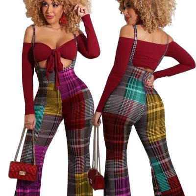 China New Y107263 QUICK DRY Women's Plaid Summer Sets Long Pants Sport Upper Sets Women 2 Piece Two Piece Set for sale