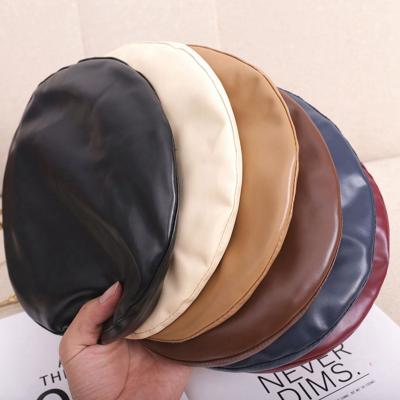 China Striped 6colors for choose French Artist Leather Warm Beanie Beret Hat Women's Fashion PU Leather Free Warm Solid Faux Beret for sale