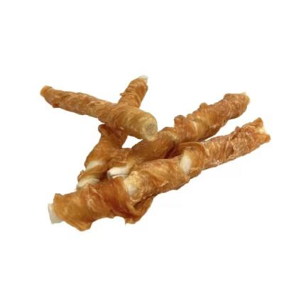 China Skin & Coat health dog treats made from rawhide and pig skin, then wrapped with real chicken for sale