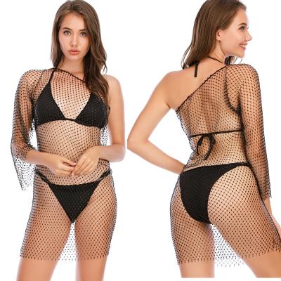 China S567 Breathable women see though sexy rhinestone net mesh dress bikini cover up dress beach wear clubwear for sale