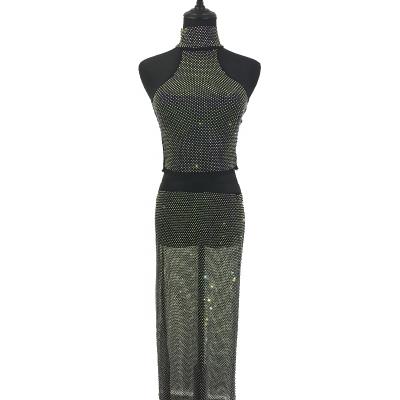 China V015 Bling Hollow Out Club Wear Rhinestone Washable Crystal Net Skirt Rhinestone Mesh Party Dress for sale