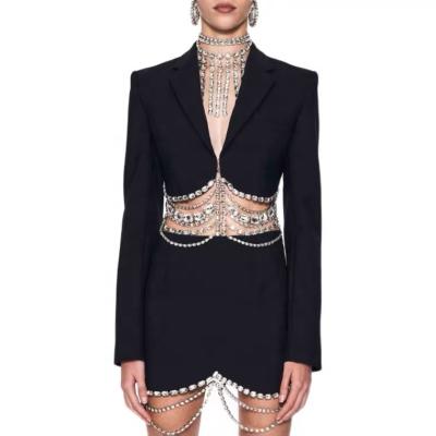 China New and Hot Breathable Crystals Chain Trimming Suit Rhinestone Rhinestone Fringe Tops and Shorts for Fashion Girl for sale