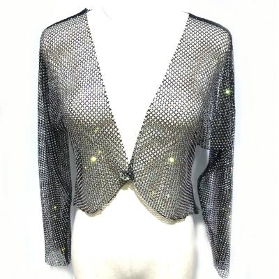 China New Arrival Rhinestone Diamante Mesh Cover Up Beach Club Wear Rhinestone Crystal Fishnet Mesh Crop Top Mesh Hollow Out See Through S329 for sale