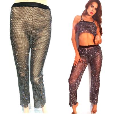 China C029 Breathable Women Sexy Hot Drilling Hollow Out 2 Pieces Fits Crystal Rhinestones See Through Crop Tops And Long Pants for sale