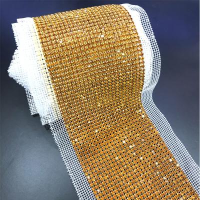 China Flatback S446 24 Rows Gold Color Rhinestone Mesh Trim Diamante Crystal Rhinestone Trimming Chain For Women Cloth Dress Decoration for sale