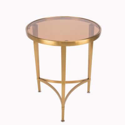 China Modern Extendable Steel Furniture King Gold Round End Table With Brown Glass Top Side Table Bedroom Night Stand Living Room End Table for sale