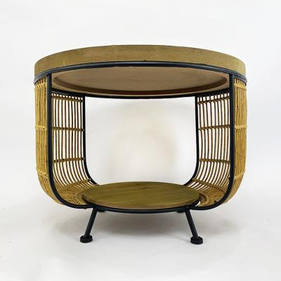 China Unique Design Storage Coffee Table Durable Industrial Metal Rattan and Wood Table Top for sale