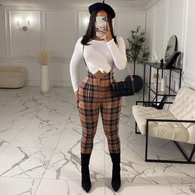 China YINIEN 2022 beautiful clothing wholesale printing QUICK DRY plaid skinny tops and pants overalls for women for sale