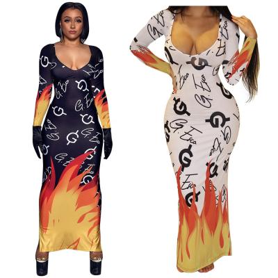 China 2022 Anti-Static Autumn and Winter Sale Women's Long Sleeve V-Neckline Flame Print Hot Dresses Split Long Dresses for sale