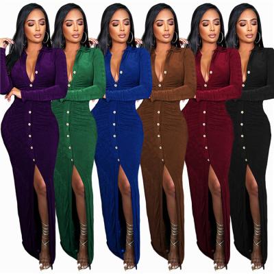 China 2022 high quality women clothing wholesallers long sleeve anti-static single breasted high split long dresses fashion for sale