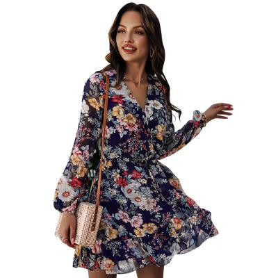 China Anti-Static Custom Clothes Manufacturing Women Long Sleeve V-Neck Floral Dresses For Women for sale