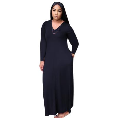 China Solid Color Casual Anti-Static Simple V-Neckline Loose Sleeve Pocket Long Plus Size Dress Women Dress for sale