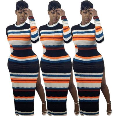 China 2022 New Arrivals Anti-Static Fashion Women Casual Long Sleeve Side Split Colorful Striped Patchwork Dress for sale