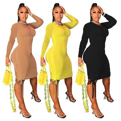 China 2022 Fall Fashion Drawstring Bodycon Dress Winter Long Sleeve Casual Dresses Women Anti-Static for sale