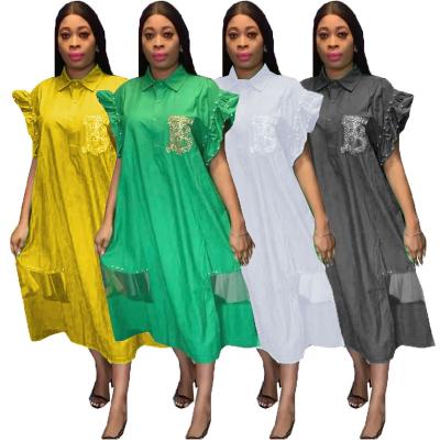 China 2022 African Ladies Breathable Causal Shirt Dress Beaded Style Solid Color Calf Mid Length Short Shirt Dresses for sale